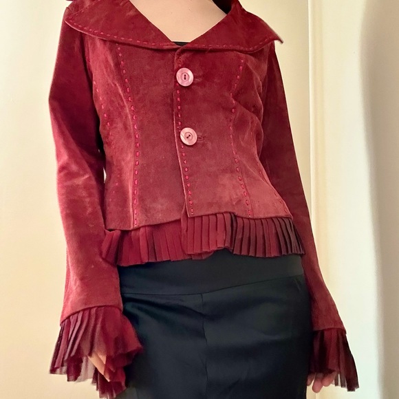 Danier Jackets & Blazers - Danier Deep Red Genuine Suede Leather Women's Blazer with Ruffle Trim